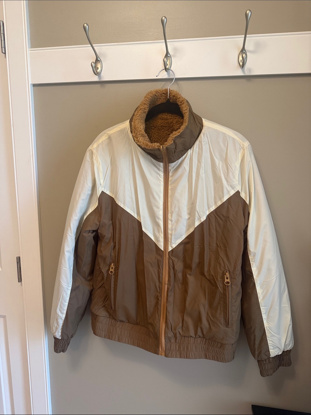 Two-Tone Brown and Cream Faux-Fur Lined Bomber Jacket - Reversible